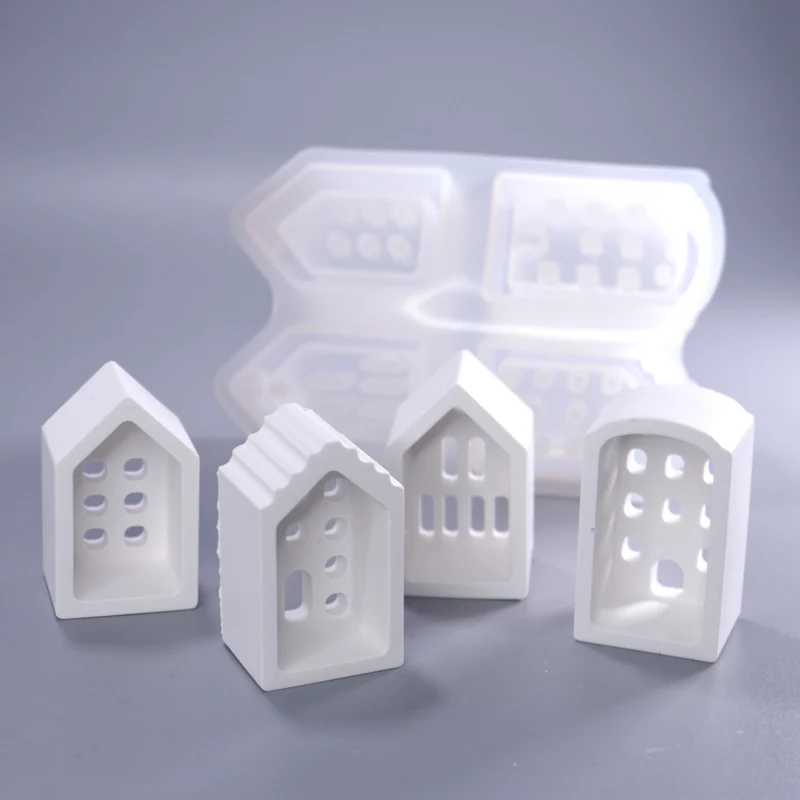 Silikonform 4 kleine Lichthäuser Mini Haus für LED Licht Dekoration ca. 5 x 3 x 2,5 cm